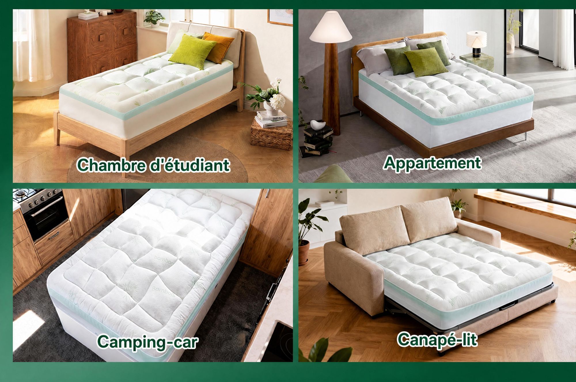 NicePlus, surmatelas 2 en 1, 90x200x7 cm, mousse à mémoire de forme à 5 zones + garniture supérieure en bambou, avec élastiques d'angle pour tous les matelas, fermeté H2/H3, couleur verte