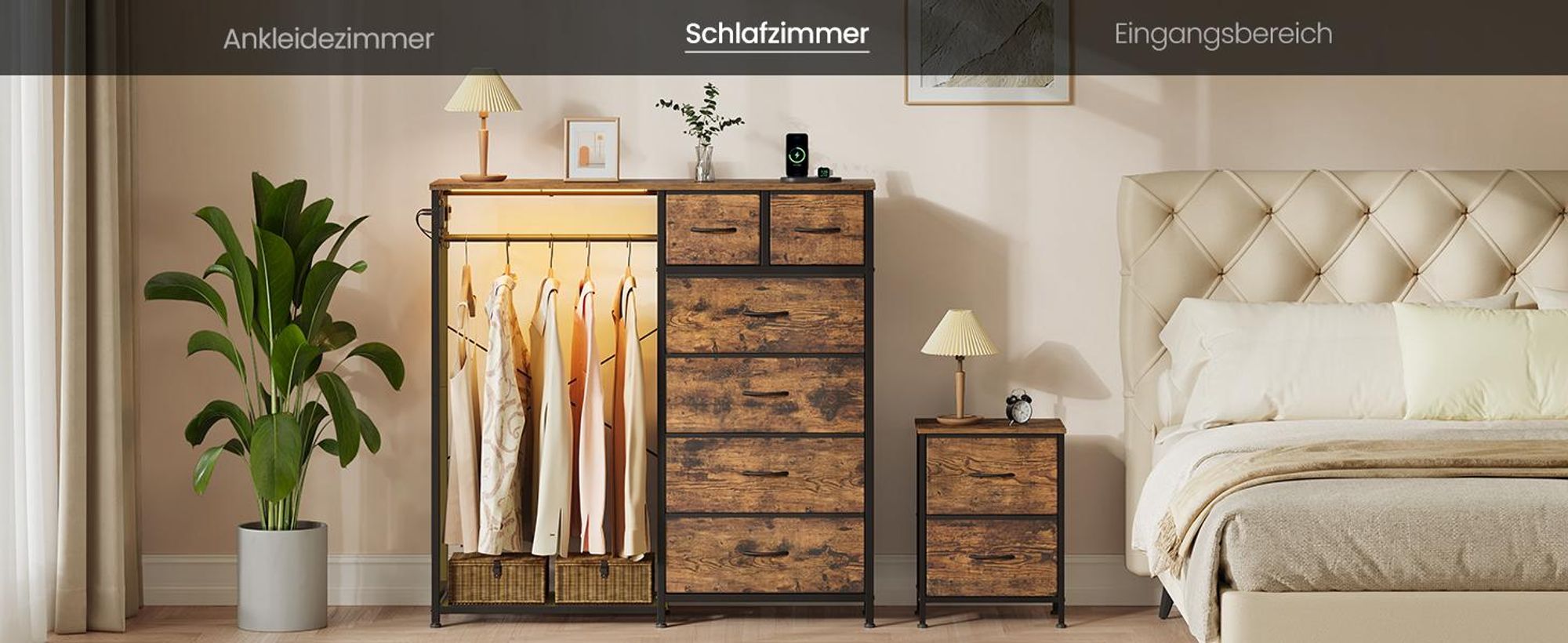 SONGMICS Kleiderständer mit 6 Schubladen, LED-Licht, Steckdosen und Schuhablage, 102,7 x 35 x 117,6 cm, Braun