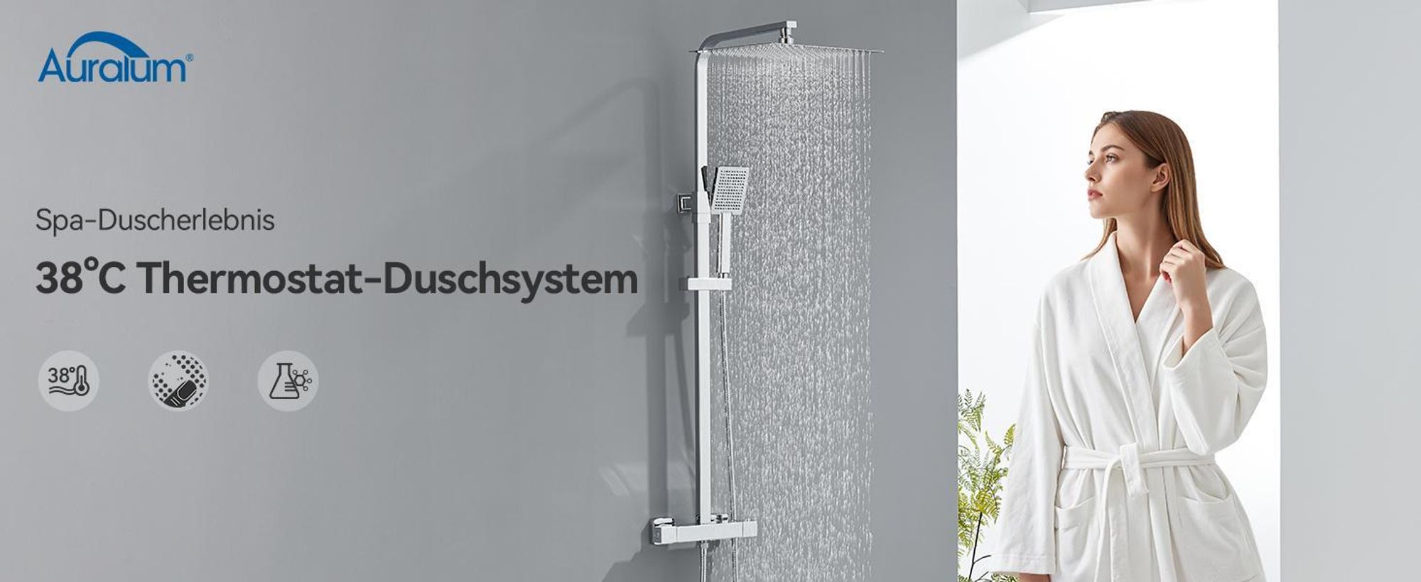 Auralum Duschsystem mit Thermostat, Duschset mit 10 Zoll quadratischer Regendusche, Handbrause, verstellbarer Duschstange, Chrom