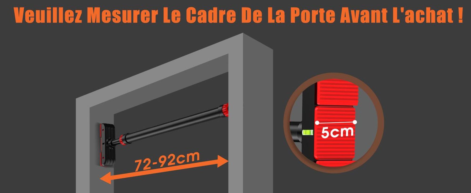DH FitLife Barre de traction télescopique sans perçage, pour cadre de porte 72-92 cm, fixation par pression, avec niveau à bulle, antidérapante