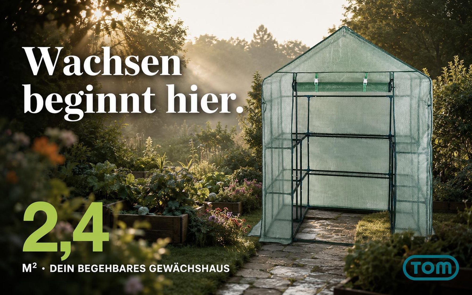 TOM Folien Gewächshaus | 2,4 m² | 140g/m² | Gitterschutzfolie | Wasserfest | UV-Beständig | integrierte Gitterablagen | Erdanker