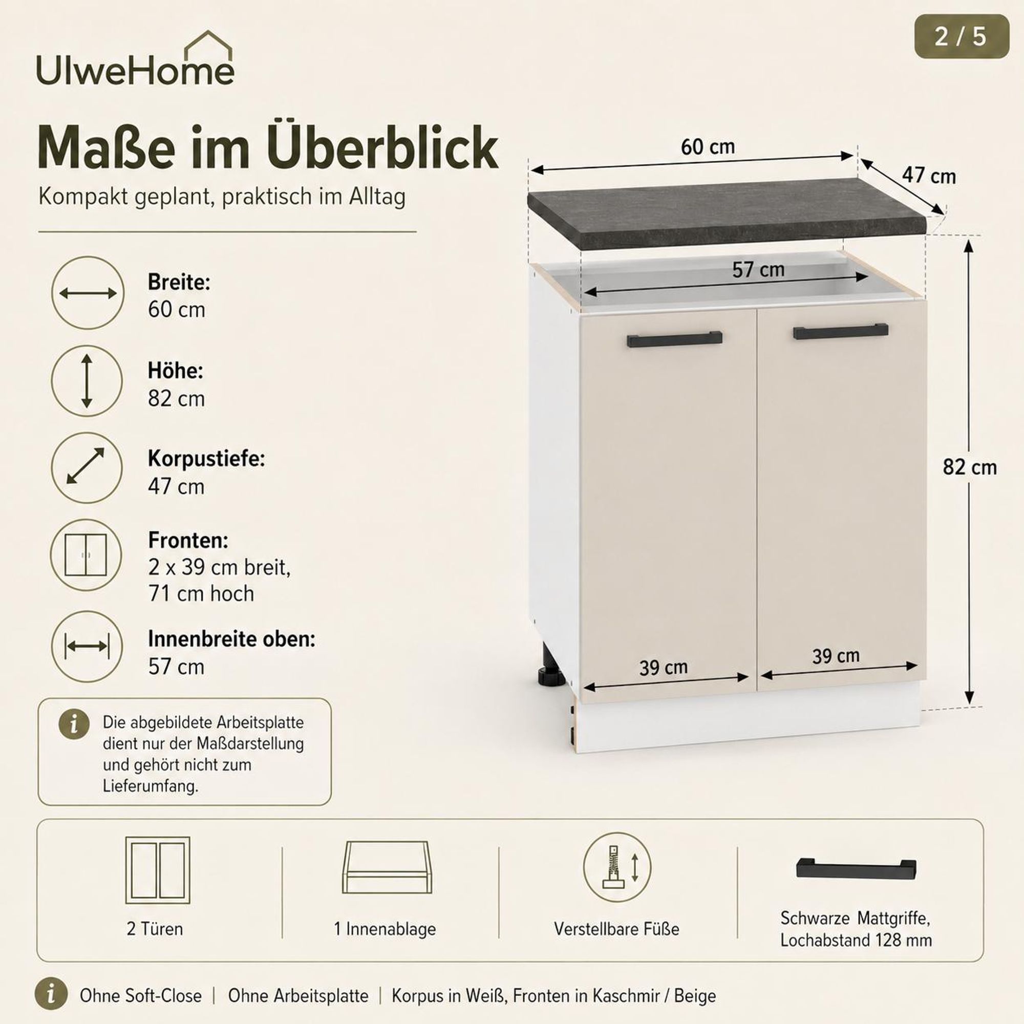 UlweHome Küchenunterschrank Kaschmir Beige: Maße 60 cm Breite, 82 cm Höhe & 47 cm Tiefe.