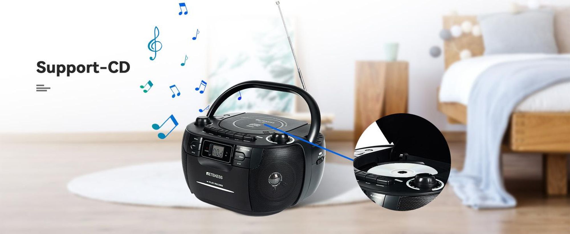 Retekess TR621 Tragbares CD Radio,Kassettenspieler CD,Stereo mit AM FM-Radio,Kassettenrekorder,Unterstützung von USB/TF/Kopfhörer, mit Fernbedienung