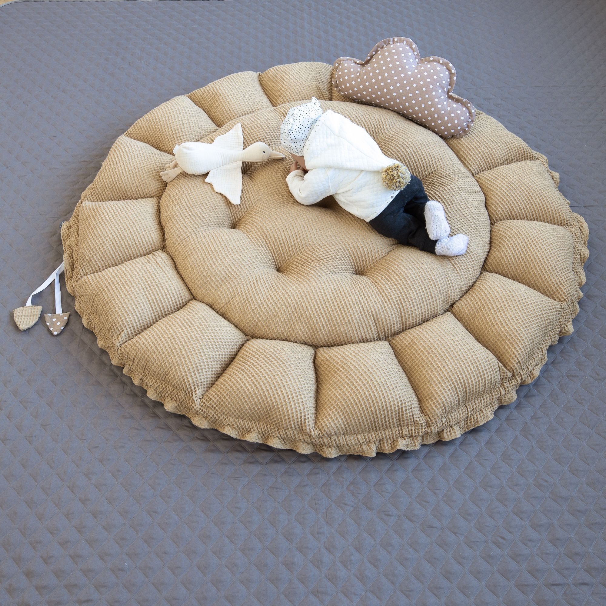 Zweiseitig Babynest ENGELSNEST XXL Punkte BRAUN Baumwolle/ WAFFELPIQUE Taupe Beige  Baumwolle + Wolke Kissen (Reisebett Nestchen Ausstattung SET)