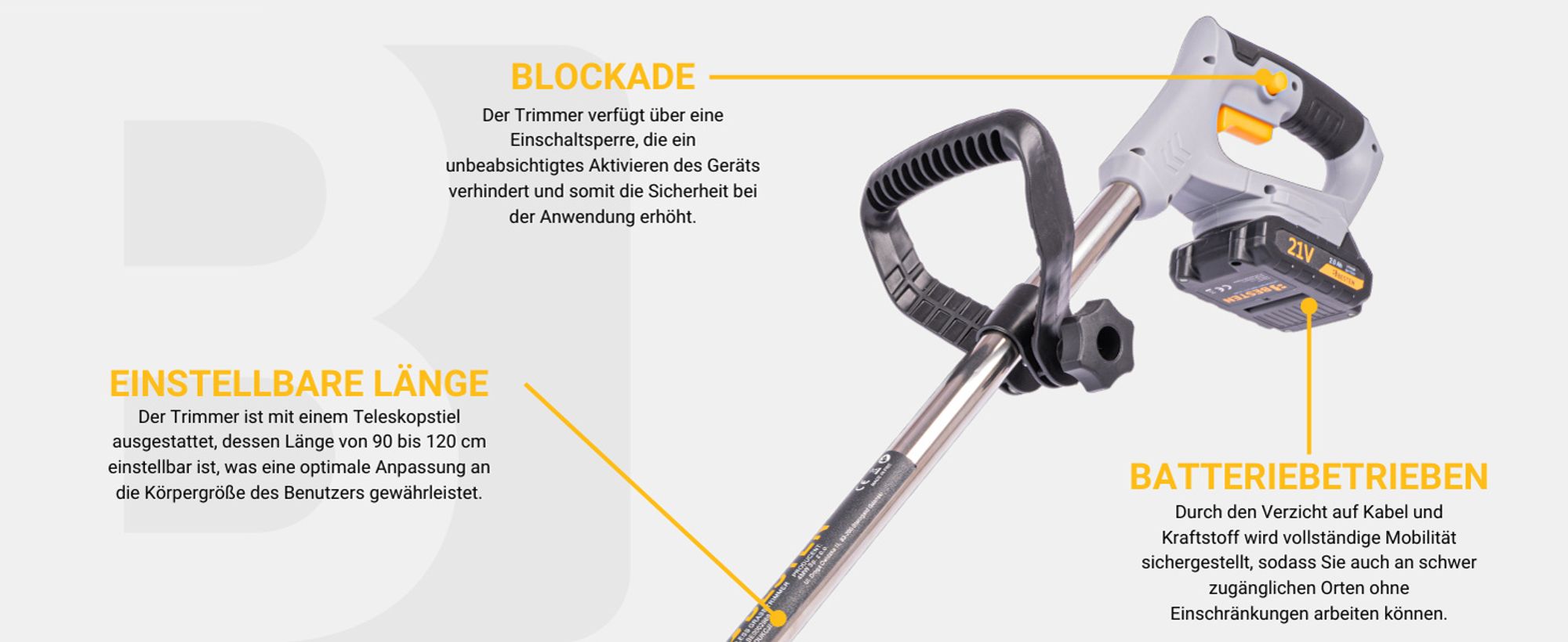BESTEN Akku-Trimmer, Rasentrimmer, Elektro-Freischneider Gras-Freischneider + Faden, 2x Akku 3.0
