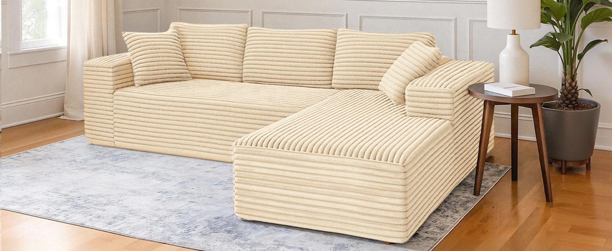 COMHOMASofa Big-Sofa, L-förmige Sofa, Couch Ecksofa, Chaiselongue Schlafsofa mit tiefer Sitzfläche und breiten Armlehnen, Cordstoff, Beige-L
