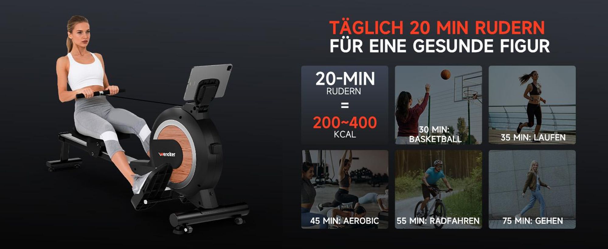 Wenoker Rudergerät für Zuhause, Magnetisches Rudergerät mit APP & LCD-Display, 32 Widerstandsstufen, 160 kg Belastbarkeit, Vertikal Verstaubar
