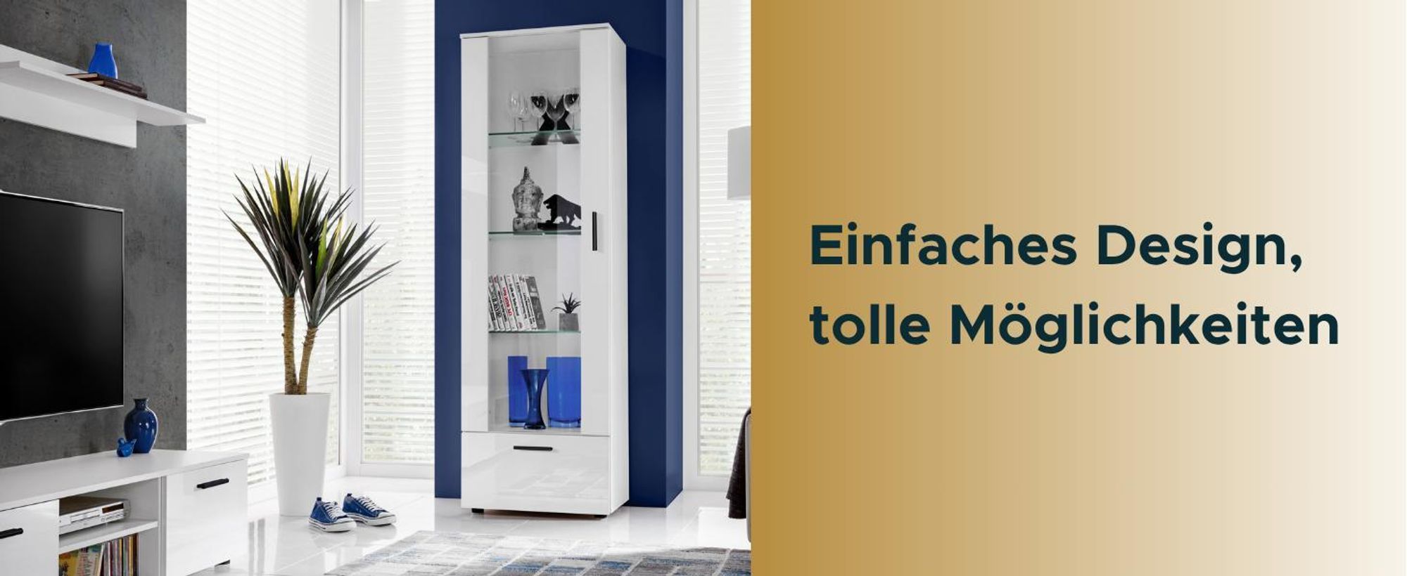 Komodee, Vitrine Schrank Alessandria, Weiß/Weiß, Breite 60cm x Höhe 192cm x Tiefe 42cm, 3 Glasböden, 1 Regal aus laminierter Platte, für Wohnzimmer, Schlafzimmer, LED Blau