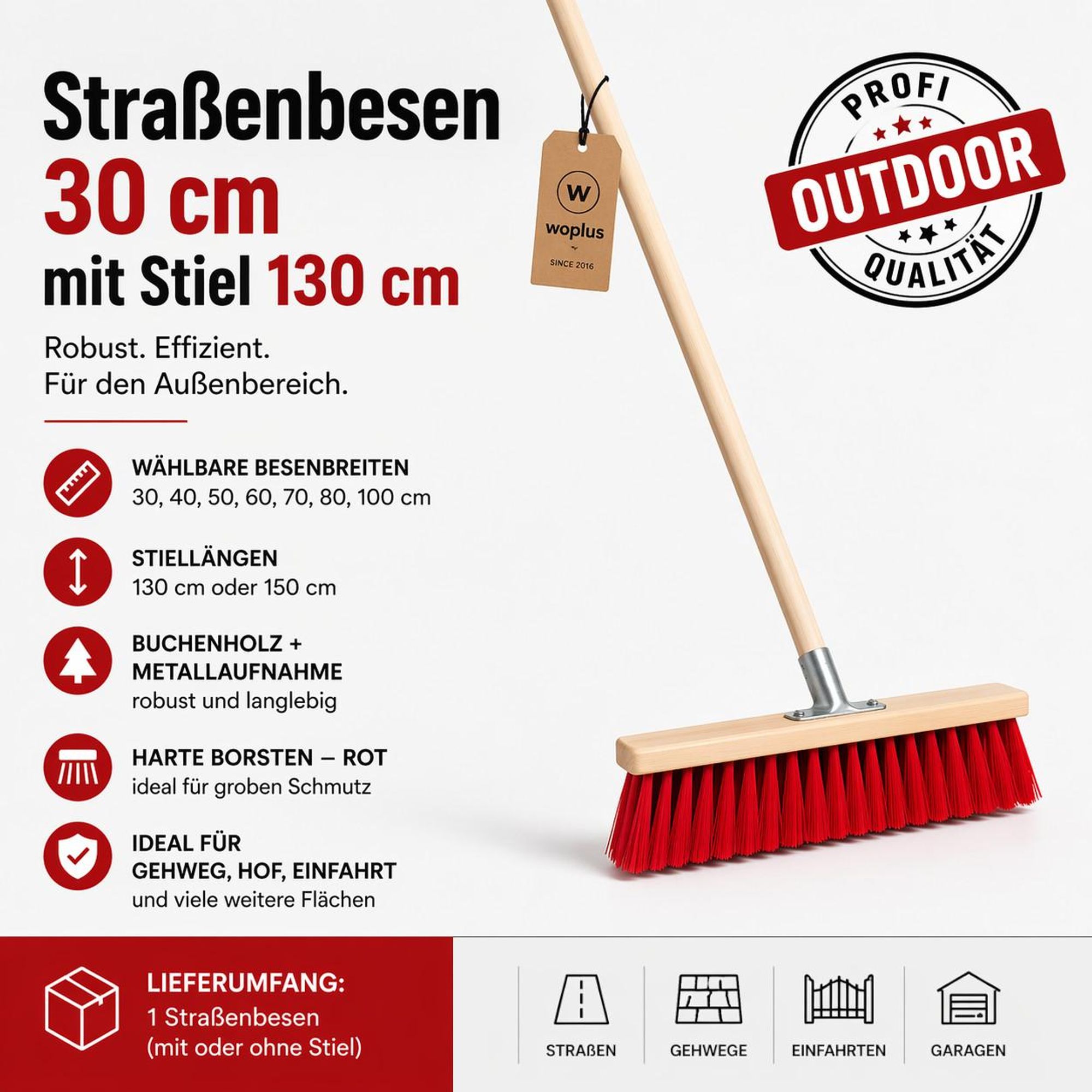 Straßenbesen 30 cm mit Holzstiel 130 cm Outdoor Besen mit harten Borsten für Gehweg Hof und Einfahrt