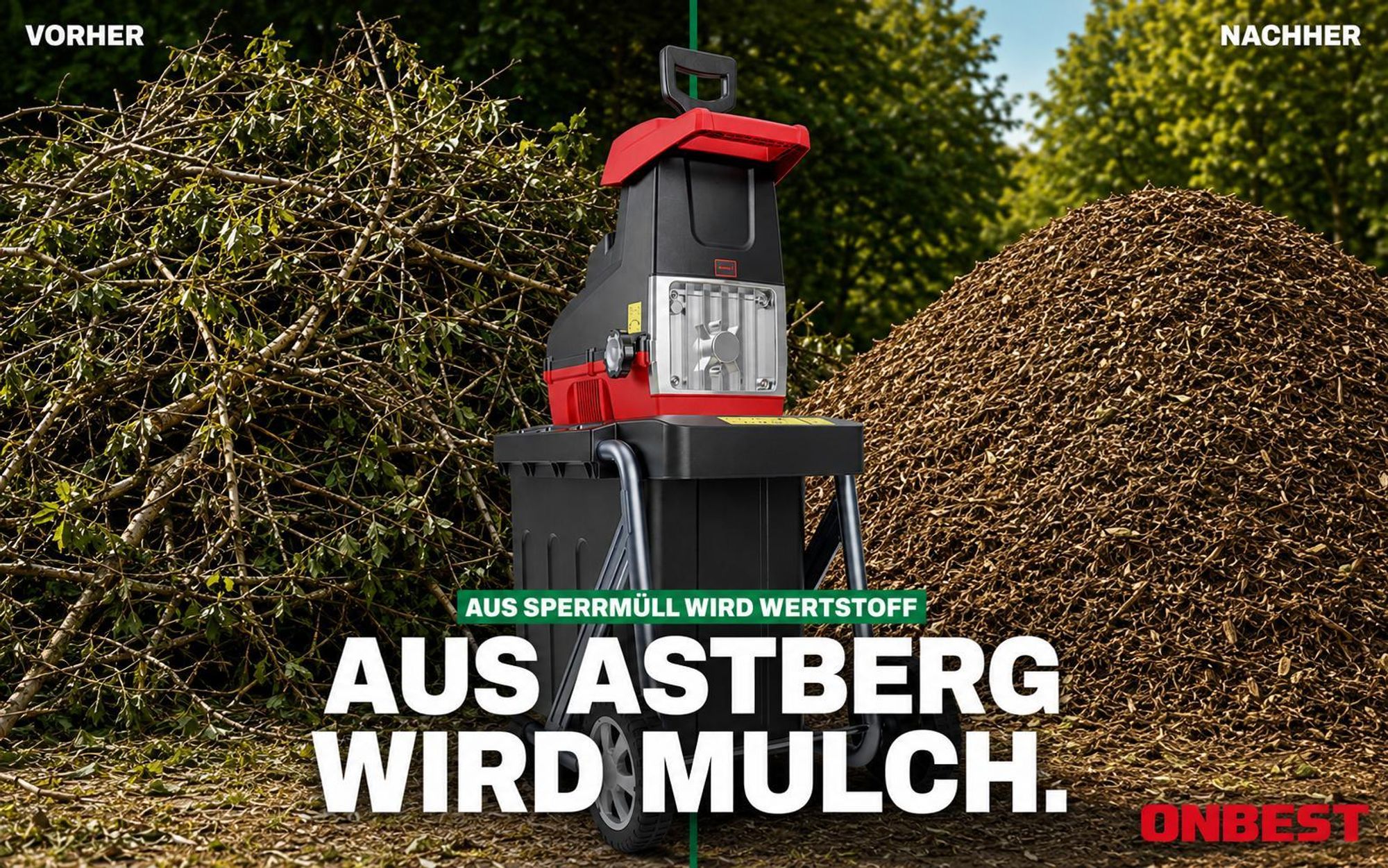 ONBEST Gartenhäcksler Elektro | 2800W mit Stopfer | bis 4,4 cm | 60L Fangbox | Rücklauf & Selbsteinzug