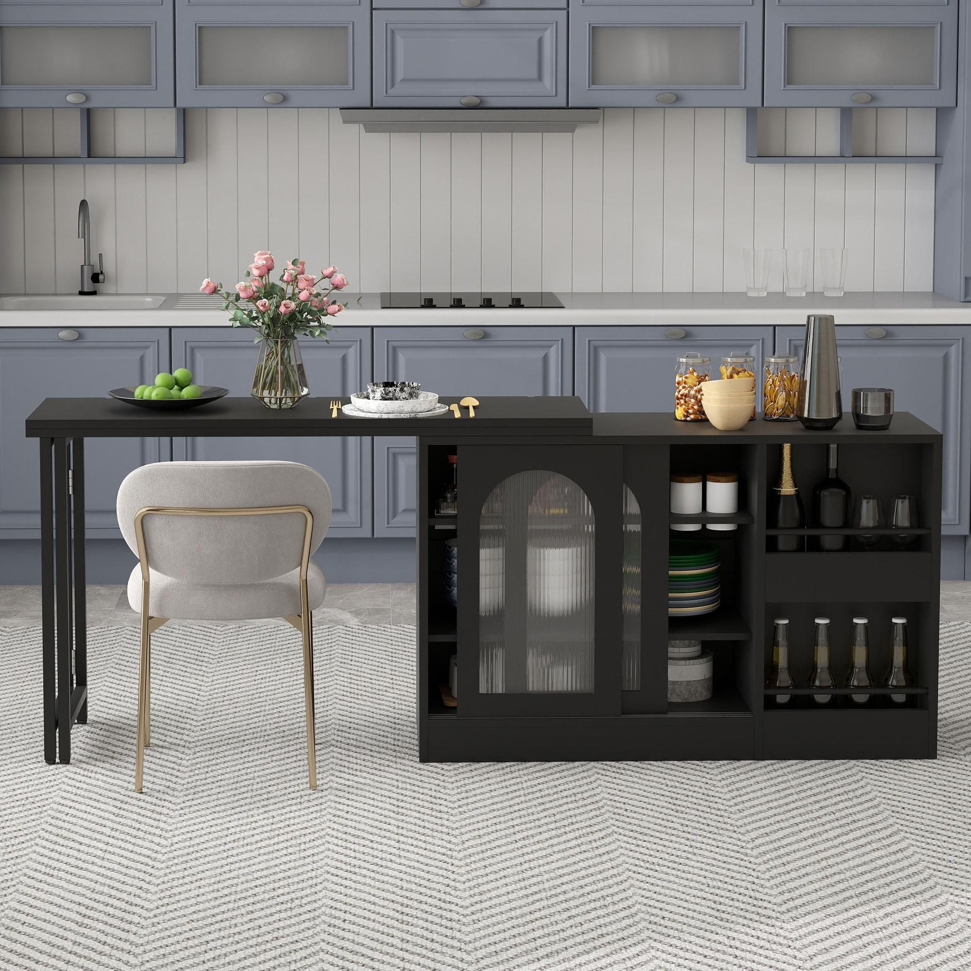 Flieks Esstisch ausziehbar, 360° drehbare Bartisch mit Stauraum, Küchentisch Kaffeebar mit Schrank, reversibel Tisch Sideboard, Schwarz