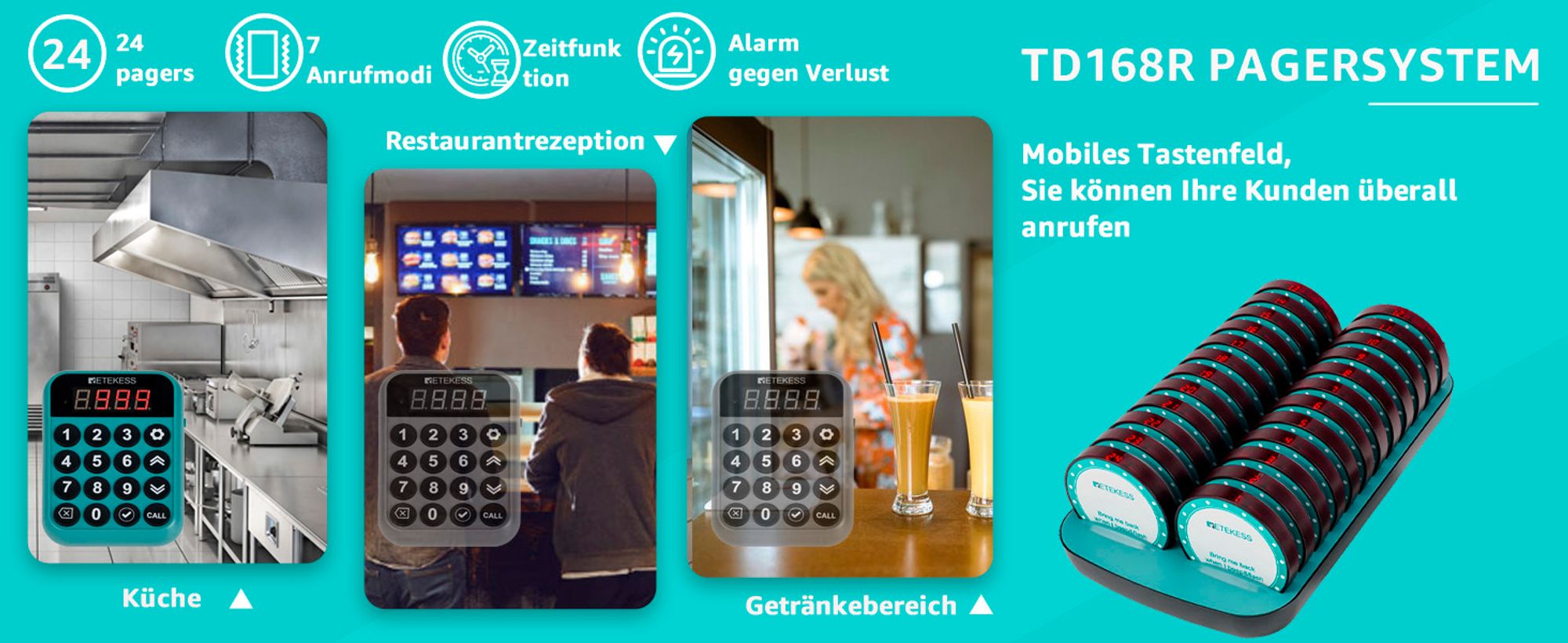 Retekess TD168R Pager System Restaurant, Pager Pieper, 400M, Alarm außerhalb der Reichweite, 7 Rufmodi, Service Countdown Zeit, Gastro Pager für Bar