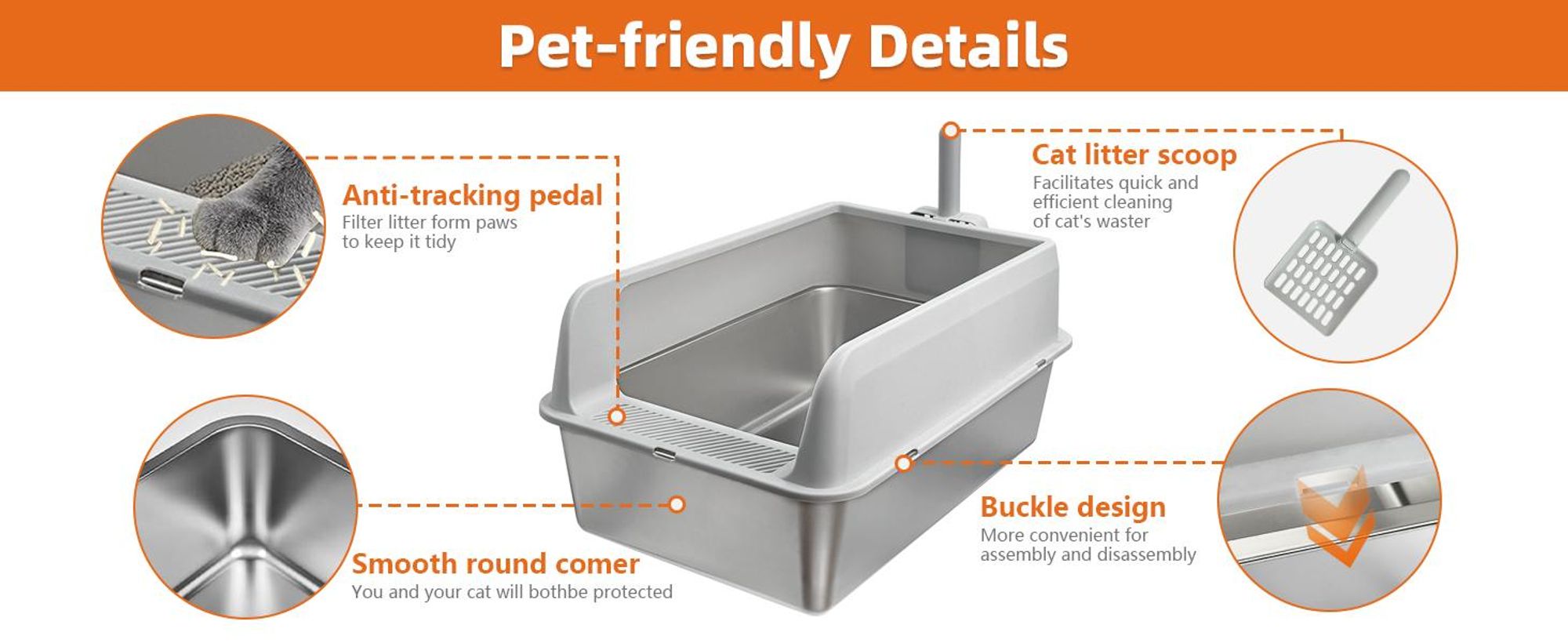 FATIVO XXL Edelstahl Katzenklo Offen: Katzentoilette Nicht-haftend mit Schaufel, Große Offene Katzen Toilette 33×52×29 cm