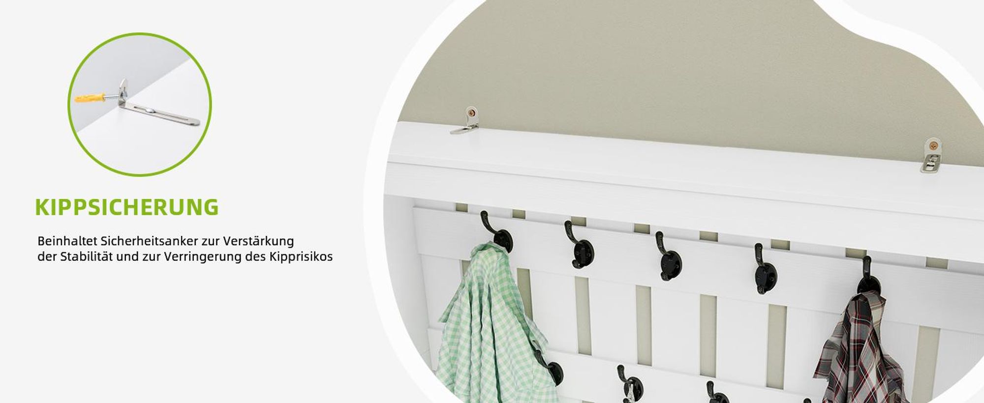 Garderobenständer mit Schuhbank, Kleiderschrank mit 9 Haken und 2 Stoffschubladen, 100 x 35 x 180 cm, Weiß