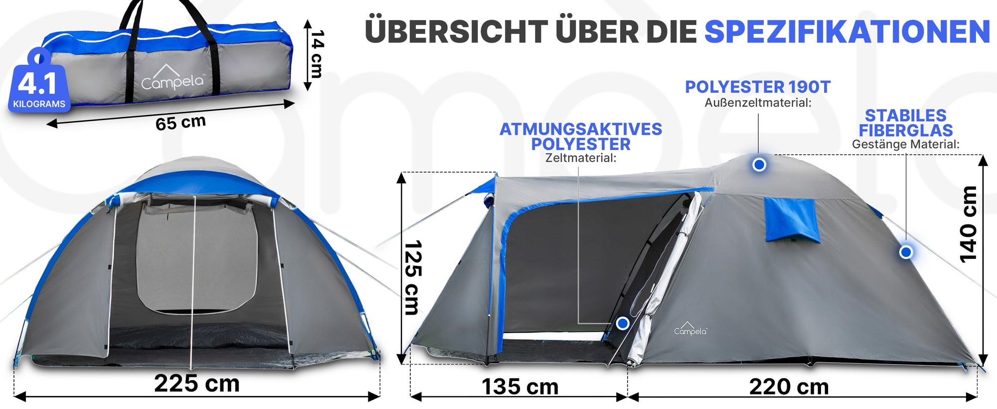 Campela Tropical 4 Familienzelt – 4-Personen-Touristenzelt mit Vorraum, wasserdicht 3000 mm, graues Polyester