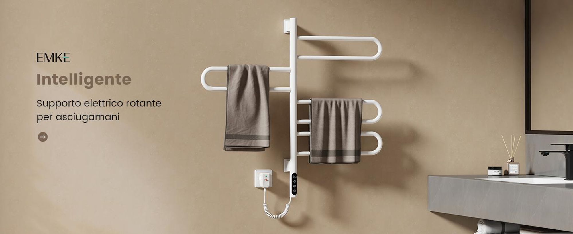 EMKE Scaldasalviette elettrico 780 x 430 x 90 mm 130W ruotabile Tubo a U Intelligent Touch LCD Tuya Alexa Radiatore da bagno Bianco Radiatore