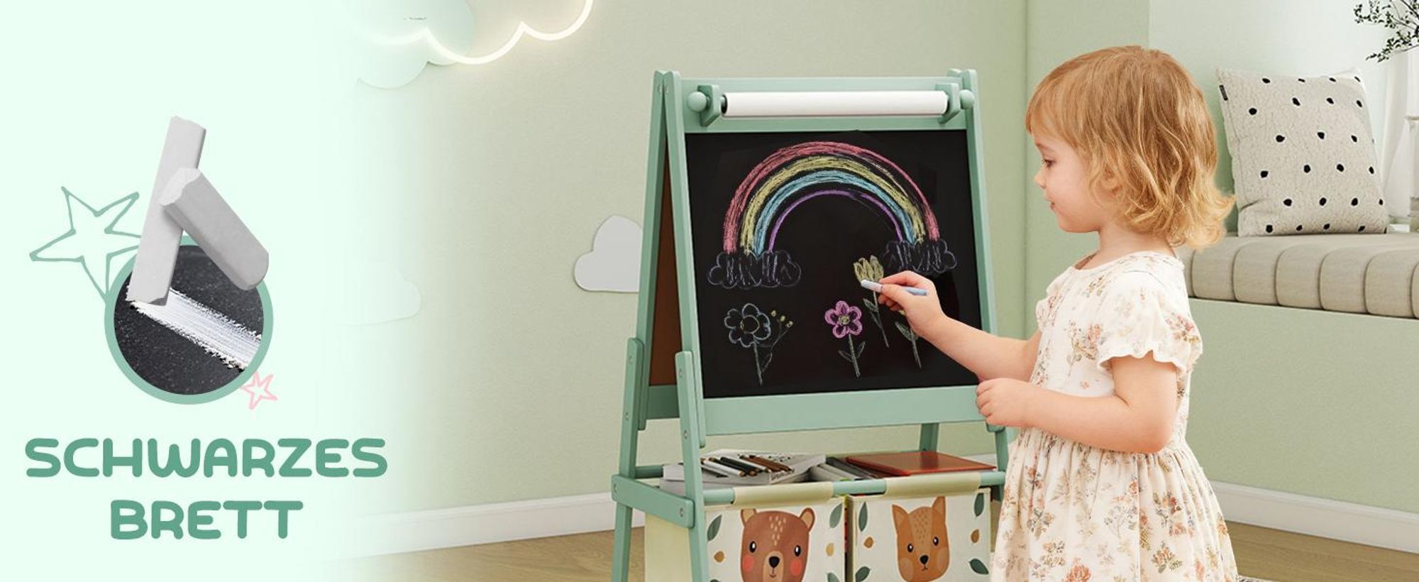AIYAPLAY Kindertafel, 3 in 1 Kinder Staffelei Doppelseitig, mit Papierrolle
