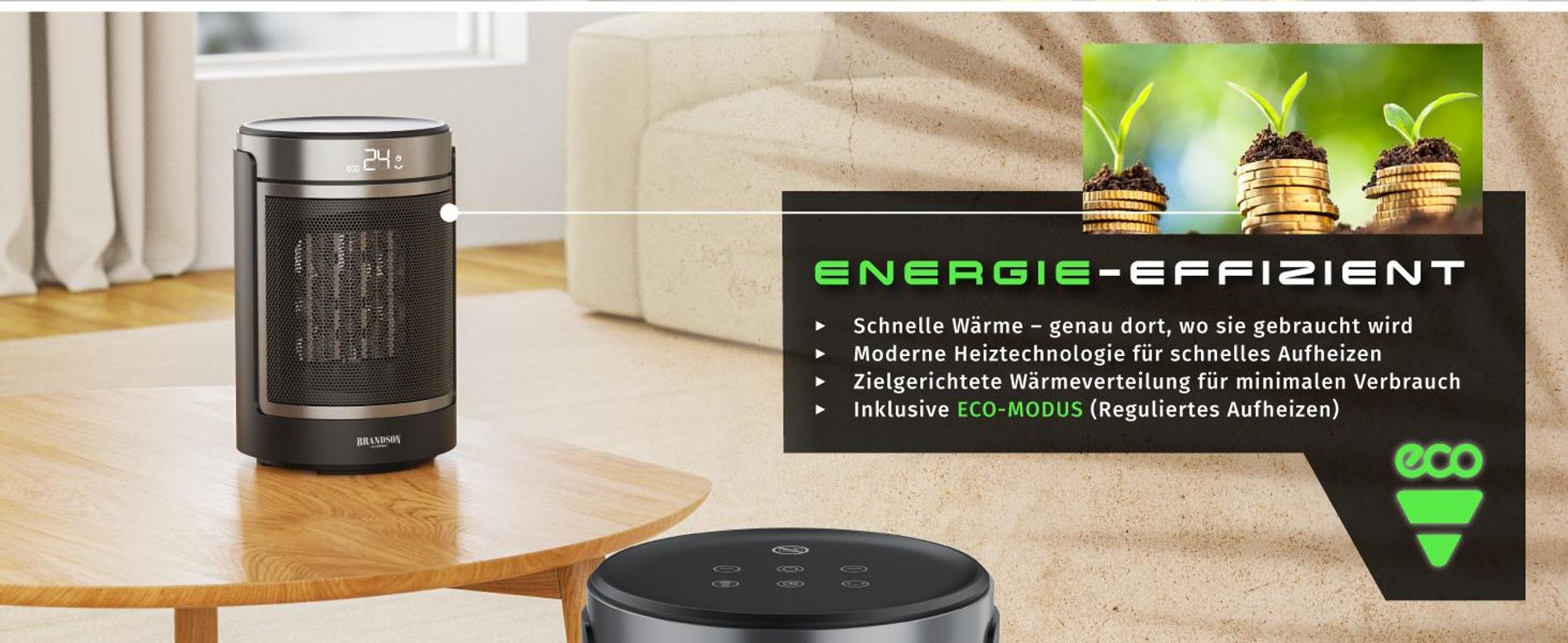 Brandson Keramik Heizlüfter 1500 W, energieeffizient mit ECO-Modus