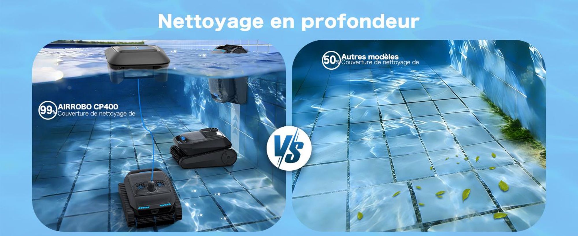 Robot de piscine AIRROBO CP400, navigation intelligente, fonction d'auto-stationnement, nettoyage tout-en-un de la surface de l'eau, du fond, des parois et de la ligne d'eau