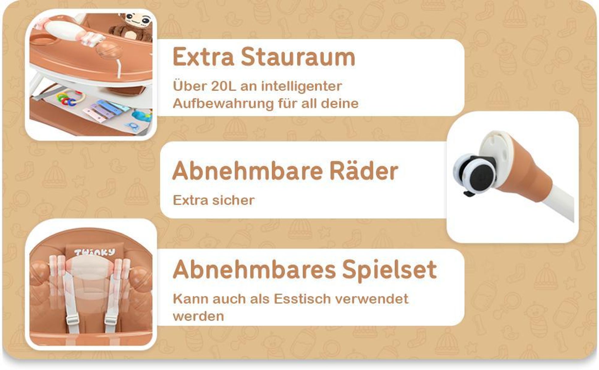 Twinky® Hochstuhl Baby MAXI - Braun - 2-in-1 Kinderhochstuhl - Klappbarer Esszimmerstuhl, Kinderwagen - Mitwachsstuhl und Babystuhl für Neugeborene