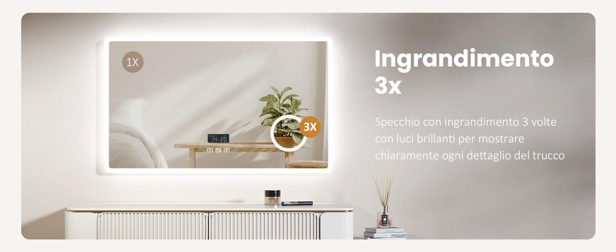 EMKE Specchio da bagno con ingrandimento 3X Interruttore touch 3 colori di luce Dimmerabile Orologio antiappannamento Bluetooth 80X60cm