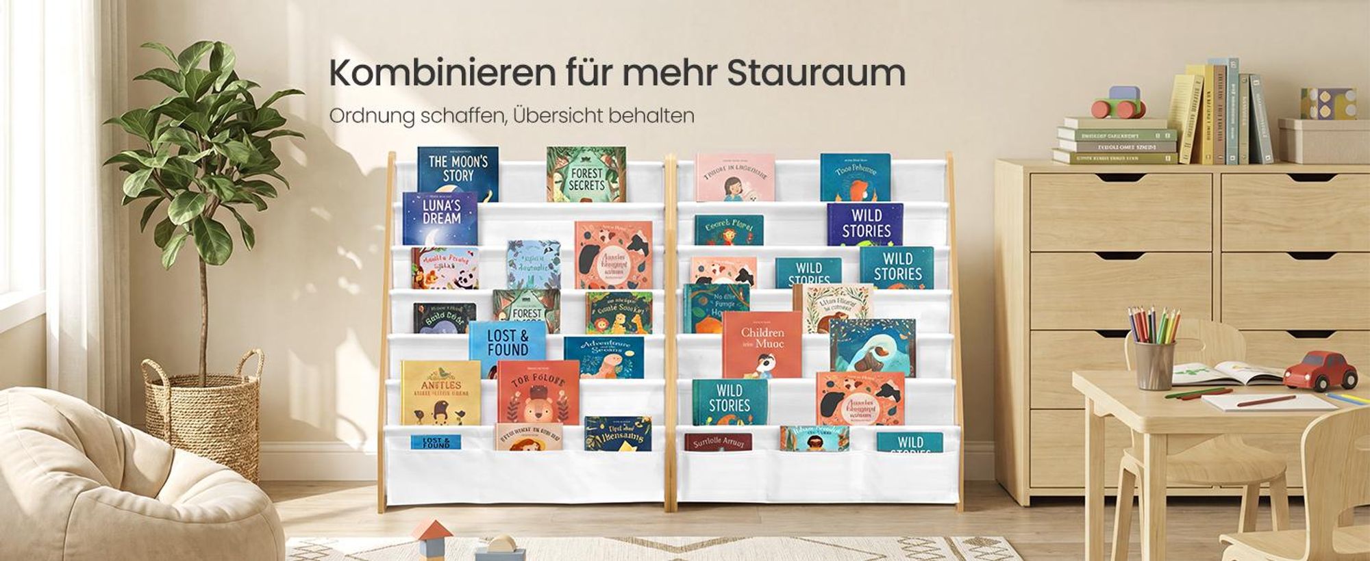 SONGMICS Kinderregal mit 6 Ebenen, Stabiles Aufbewahrungsregal für Kinderzimmer, 62,4 x 28 x 76 cm, Gelb und Weiß