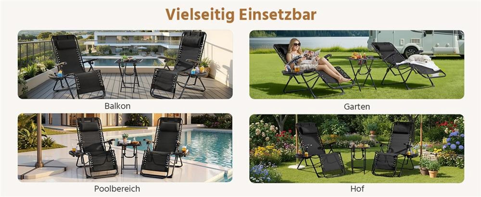 Yaheetech 3-tlg. Liegestuhl Set, inkl. 1 Beistelltisch & 2 klappbare Gartenliegen, mit Nackenkissen & Becherhalter & verstellbarer Rückenlehne