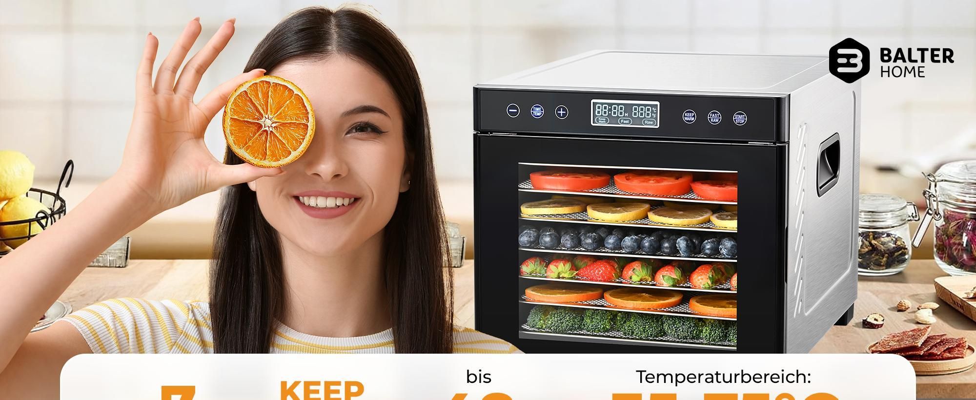 Balter Dörrautomat Edelstahl mit 7 Etagen, 600 W, Dörrgerät, LED-Display, 48-Stunden-Timer und Temperaturregelung, Dehydrator, BPA-frei