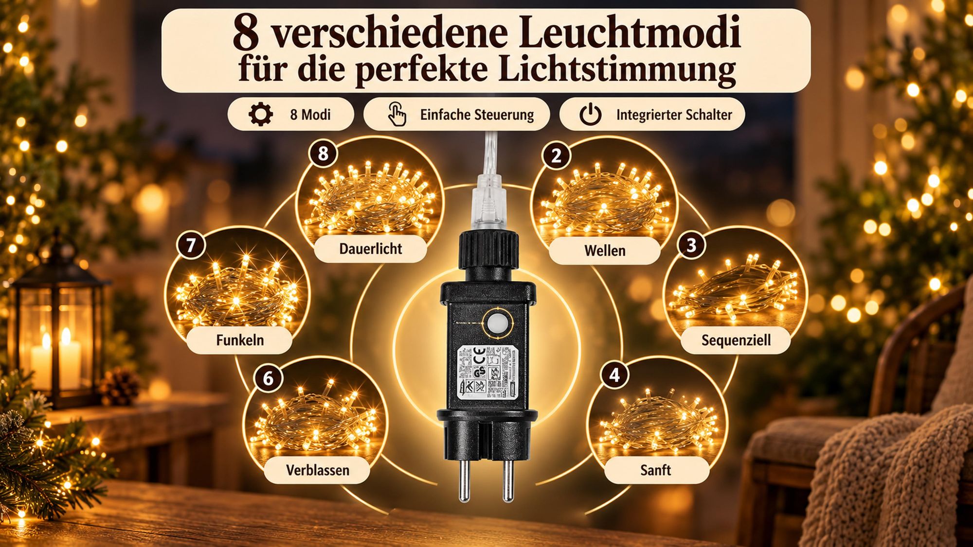 30M 300LEDs 8 Modi Lichterkette Strom, Timer, Merkfunktion, LED Weihnachten Lichterkette Party Deko Licht Weihnachtsbaum Garten Beleuchtung, Warmweiß
