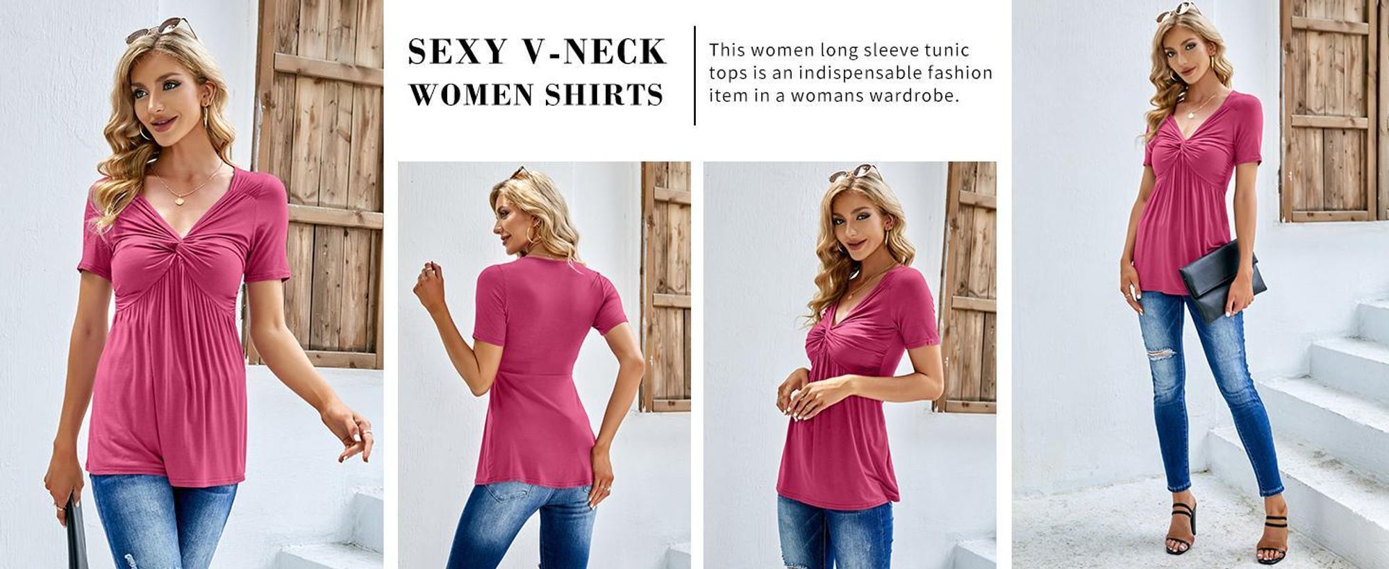 Damen-T-Shirt mit V-Ausschnitt, lockere Passform, vorne geknotet.