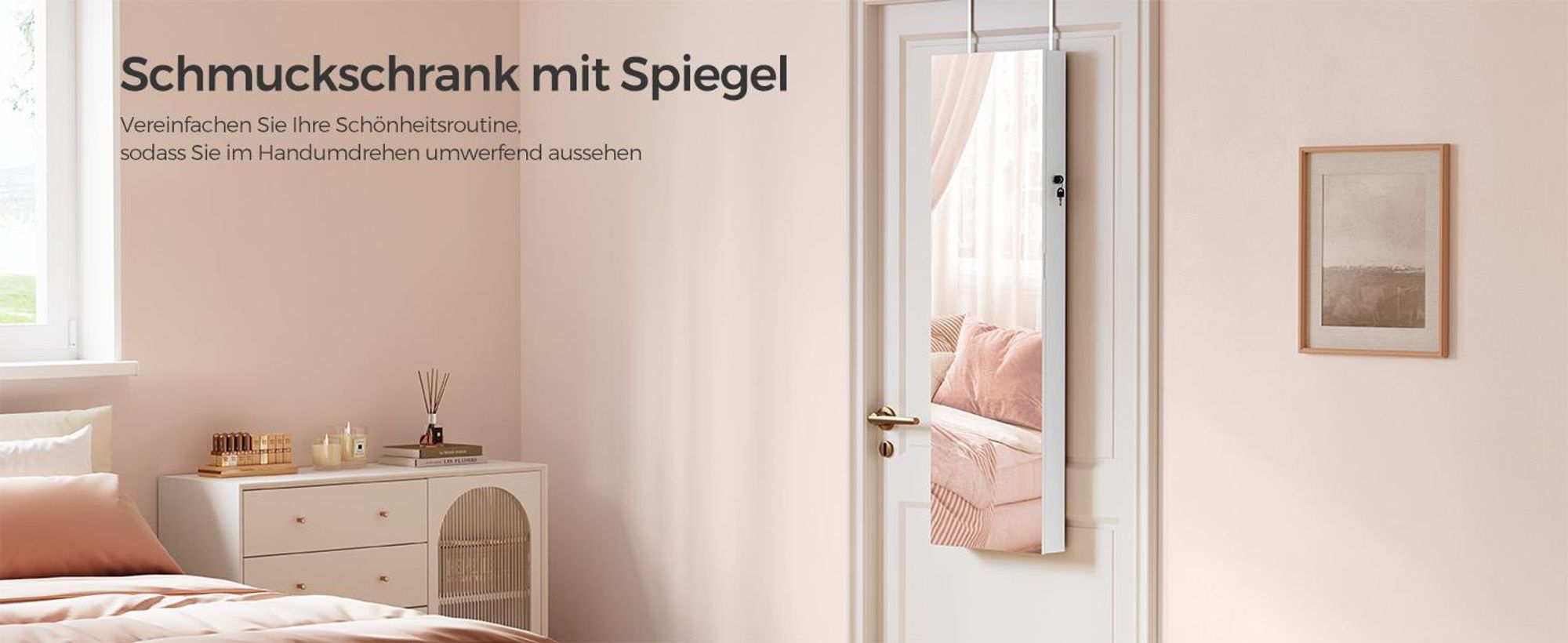 SONGMICS Schmuckschrank 140 cm hoch, Schmuckorganizer mit beleuchtetem Innenspiegel, Spiegelschrank wand- oder türmontiert, abschließbar