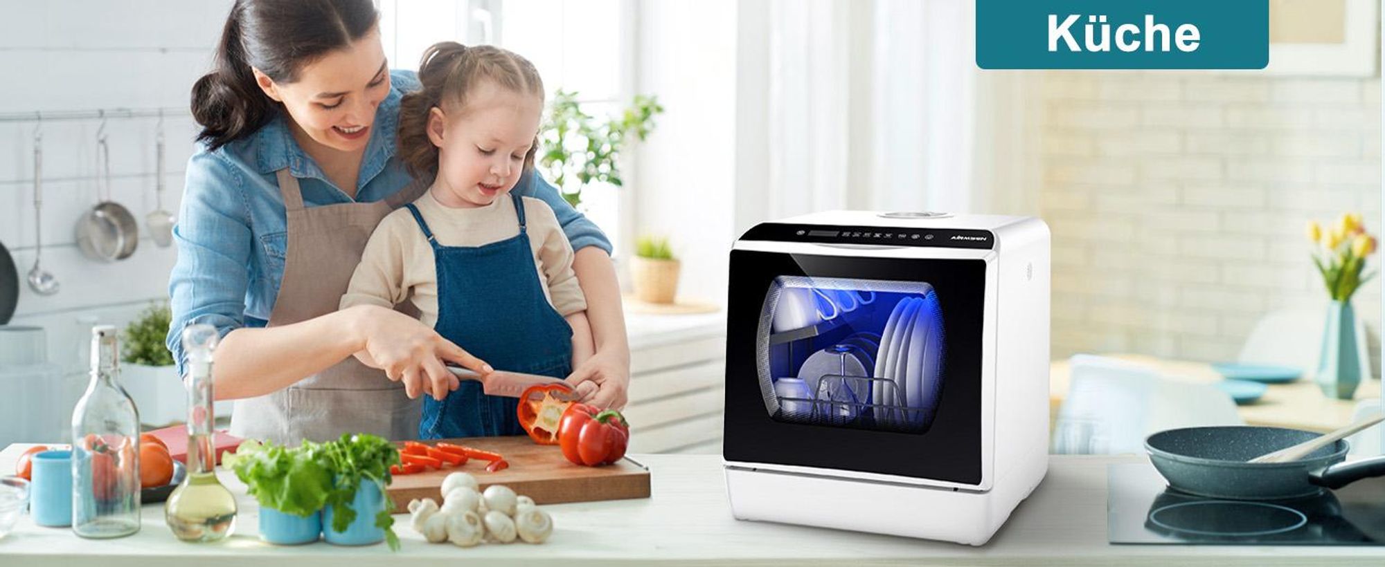 AIRMSEN Tischgeschirrspüler 5L mit Wassertank, Mini Spülmaschine 45cm, mit oder ohne Wasseranschluss, für Wohnung, Büro, Camping und Wohnwagen,Schwarz