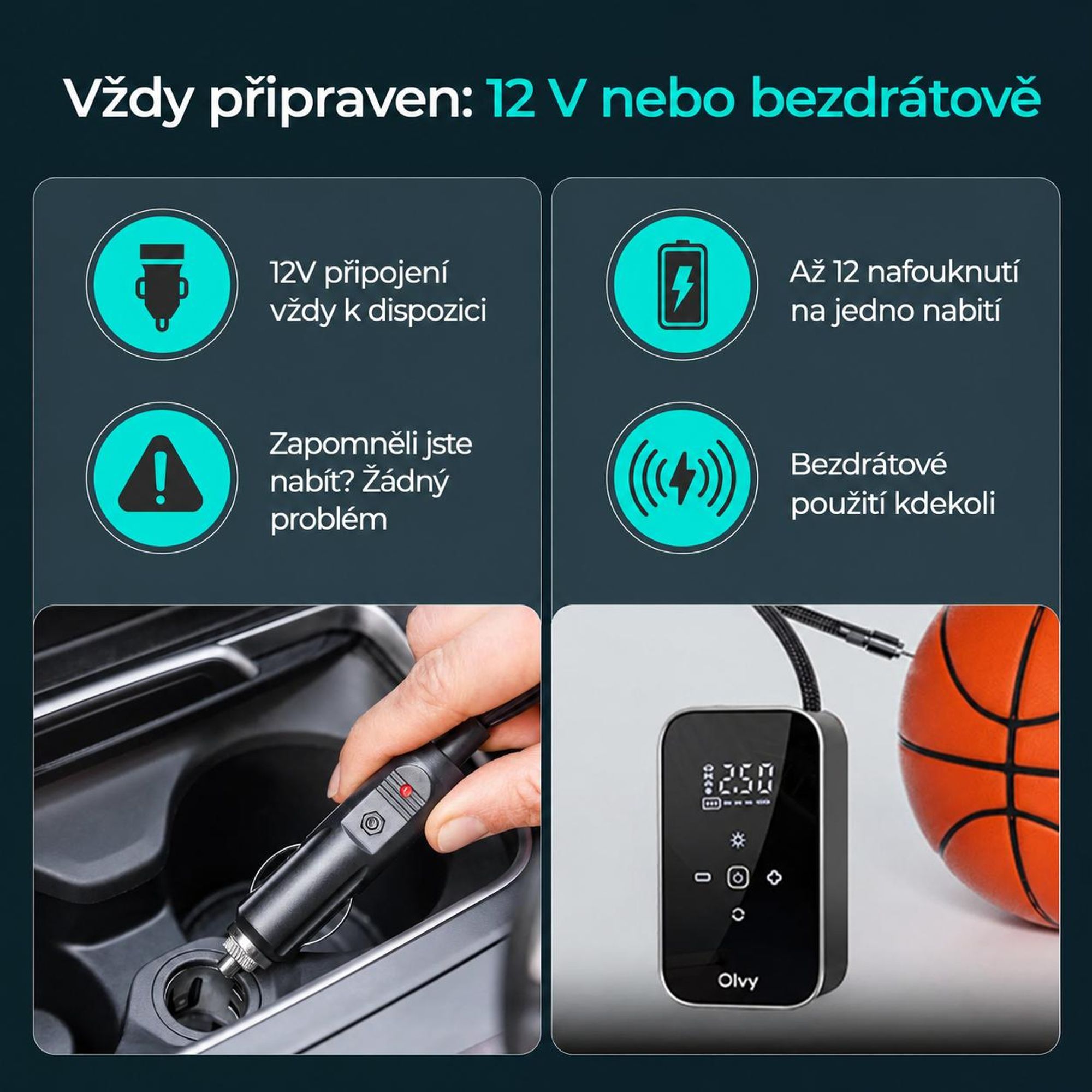 Olvy Elektrická vzduchová pumpa s powerbankou 6000 mAh - 12V mini kompresor do auta, na kolo, míče, nafukovací matrace, displej, LED, automatické vypnutí