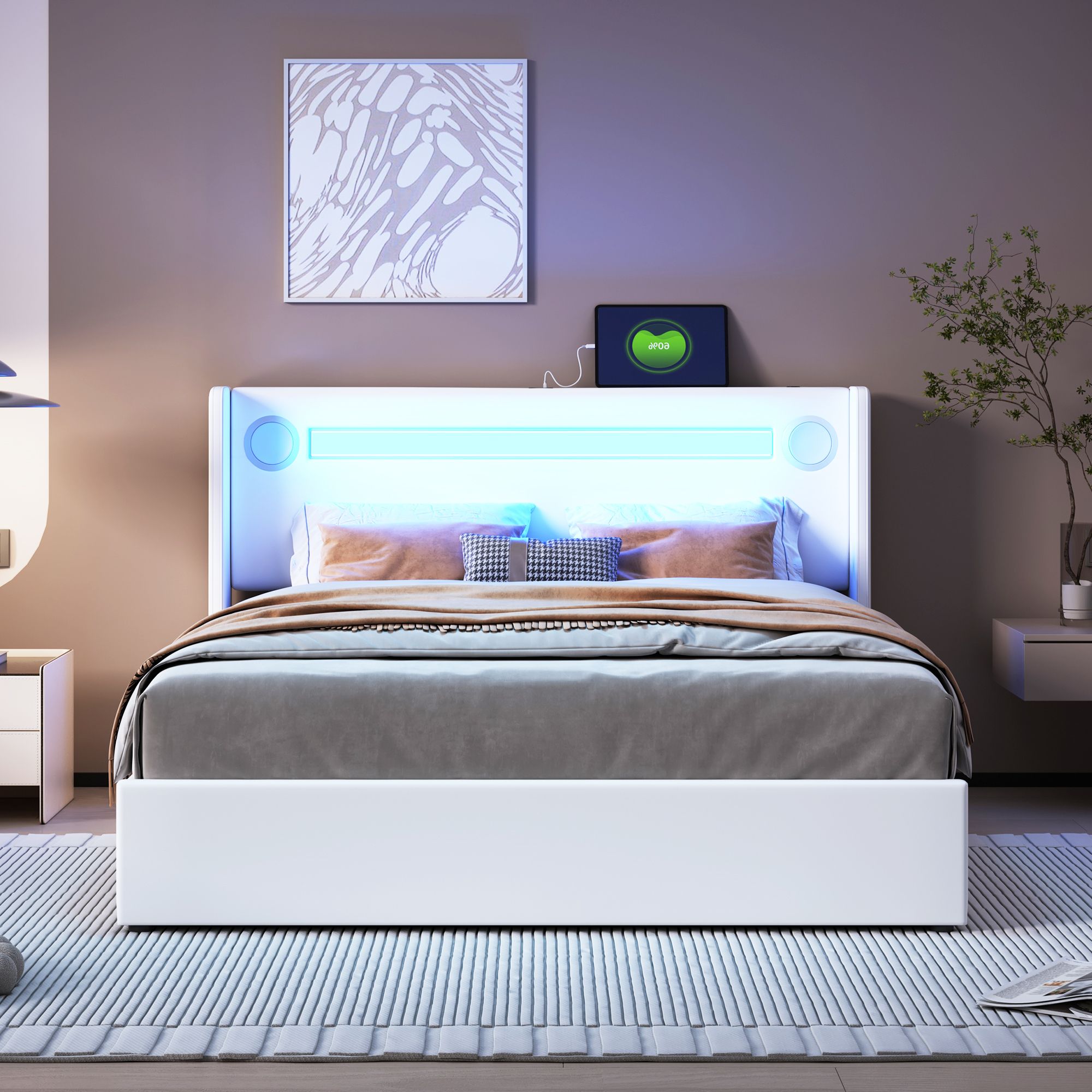 Merax Polsterbett 140x200cm mit Bettkasten und LED, hydraulisches Doppelbett mit Bluetooth und USB-Aufladen, Kunstleder Holzbett Stauraumbett, Weiß