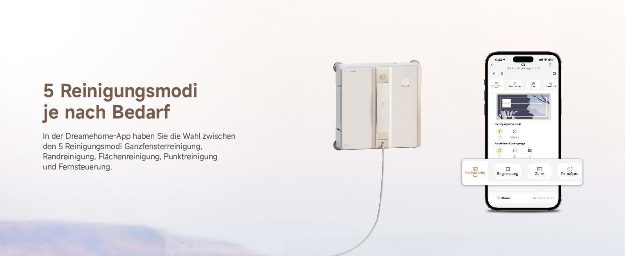 Dreame C1 Fensterputzroboter,5500Pa Saugkraft,Stabil und sicher,Nass- und Trockenreinigung,Dual-Spray,CornerClean,Intelligente Navigation,3h Laufzeit