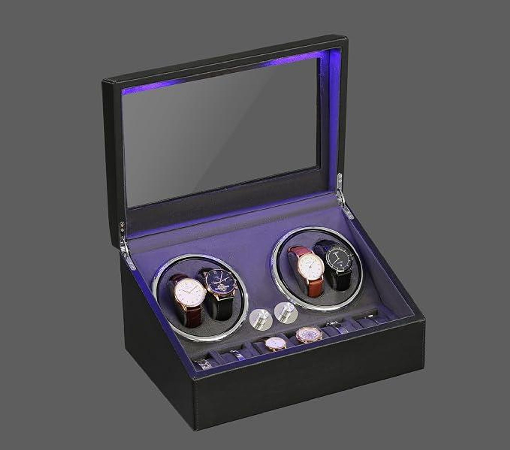 Olvy horlogewinder voor 4 horloges, met LED-verlichting, horlogewindervak, voorzien van een extreem stille Mabuchi motor, flexibele horlogekussens, horlogewinder