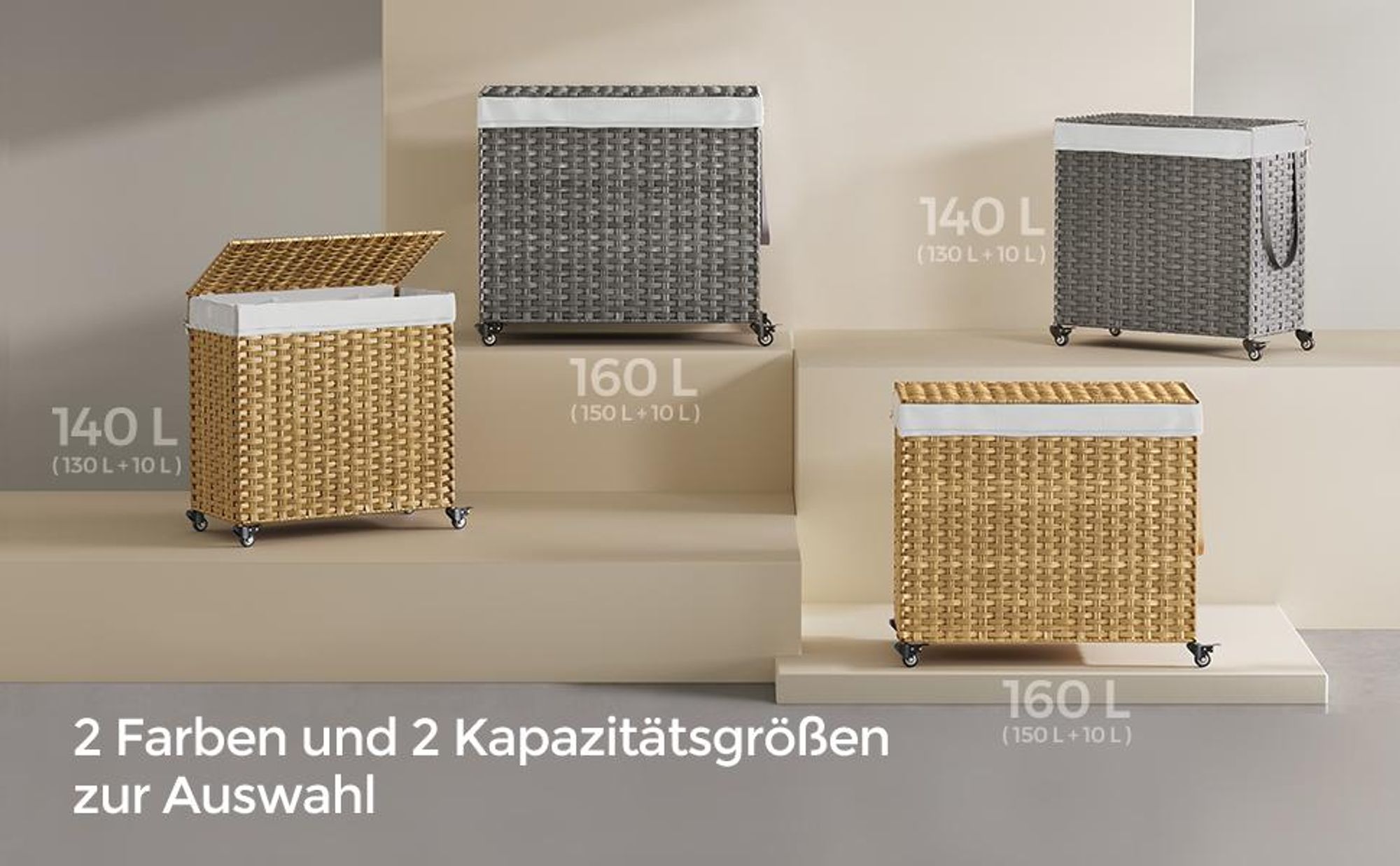 SONGMICS Wäschekorb, 140 L, mit Deckel, 3 Fächer, Wäschesack herausnehmbar
