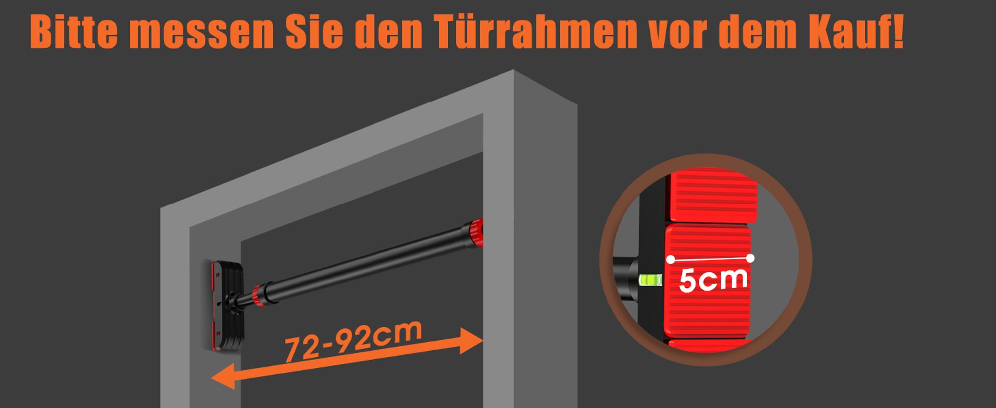 DH FitLife Türreck Klimmzugstange mit Wasserwaage und Federstruktur ohne Schrauben | Pull up bar | Türreck für Krafttraining zum Eindrehen | Reckstange für Tür 72-92cm