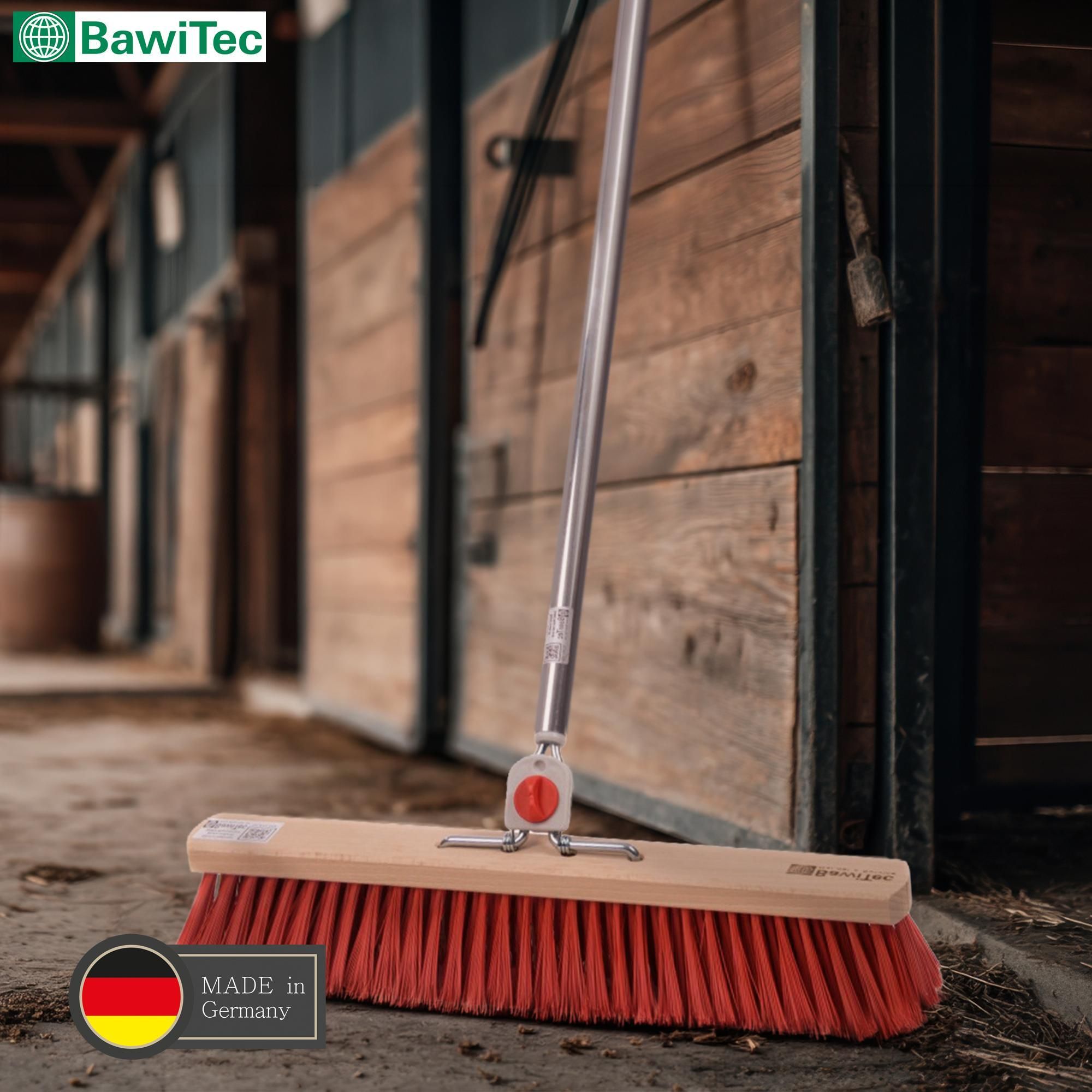 Hochwertiger Straßenbesen 60cm Breit mit 4-Loch Wechselsystem und Aluminiumstiel Besen mit Stiel rote Kunststoff-Borsten