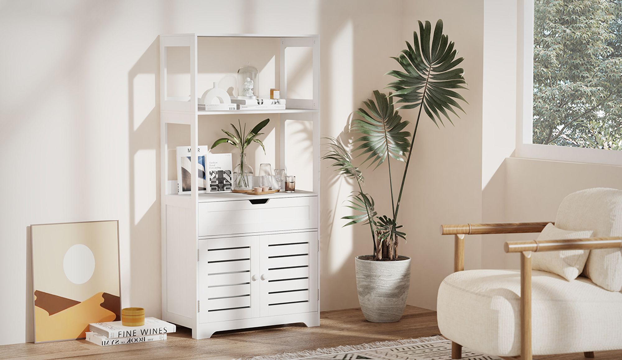 Mondeer Hochschrank Badschrank Badezimmerschrank mit Fächern und Lamellentüren Aufbewahrungsschrank Badezimmer