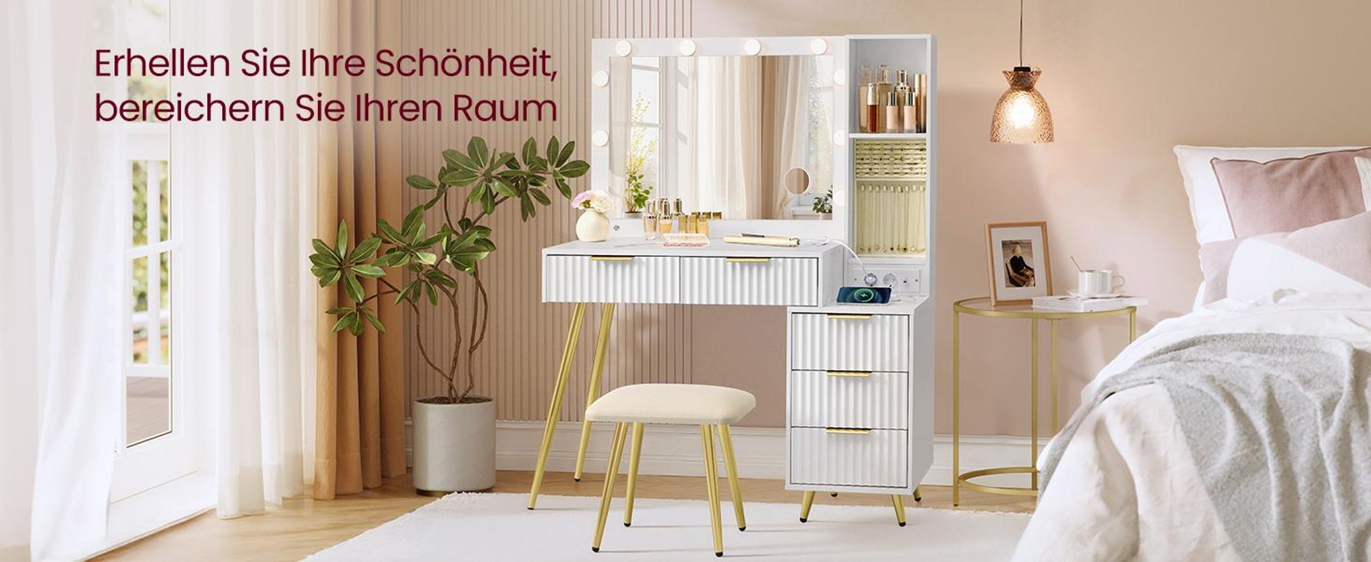 VASAGLE Schminktisch mit 10x Vergrößerungsspiegel, LED-Leuchten, Schmucktablett, Ladestation