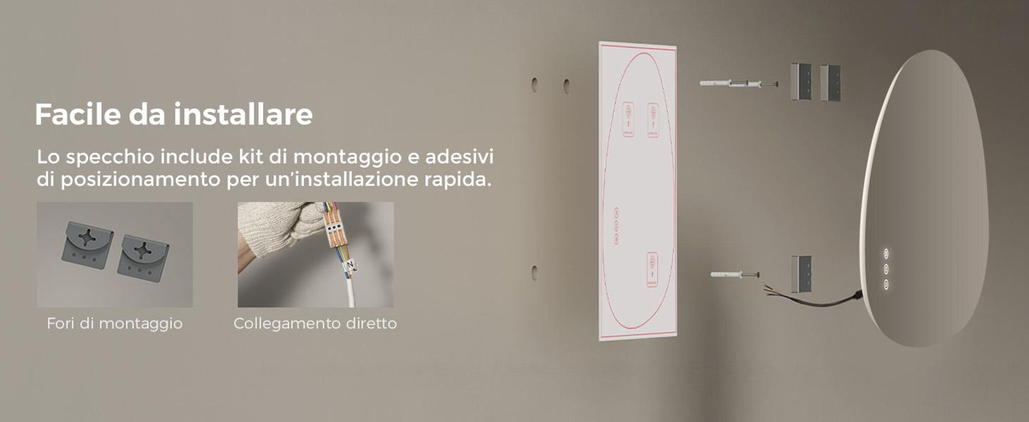 S'AFIELINA 60×45 cm Specchio asimmetrico LED - Specchio da bagno con illuminazione, funzione dimmer, montaggio orizzontale/verticale, antiappannamento, bagno e corridoio