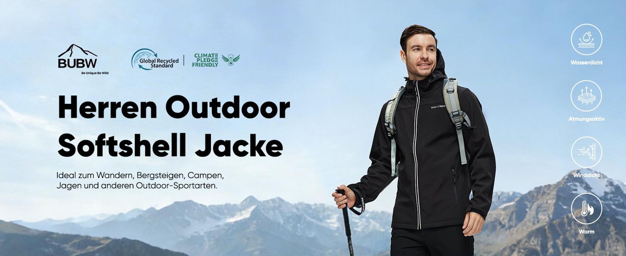 BUBW Herren Softshelljacke wasser- und winddicht mit Kapuze Gefütterte Outdoor-Jacke mit Reflexstreifen Verstellbare Manschetten, atmungsaktiv