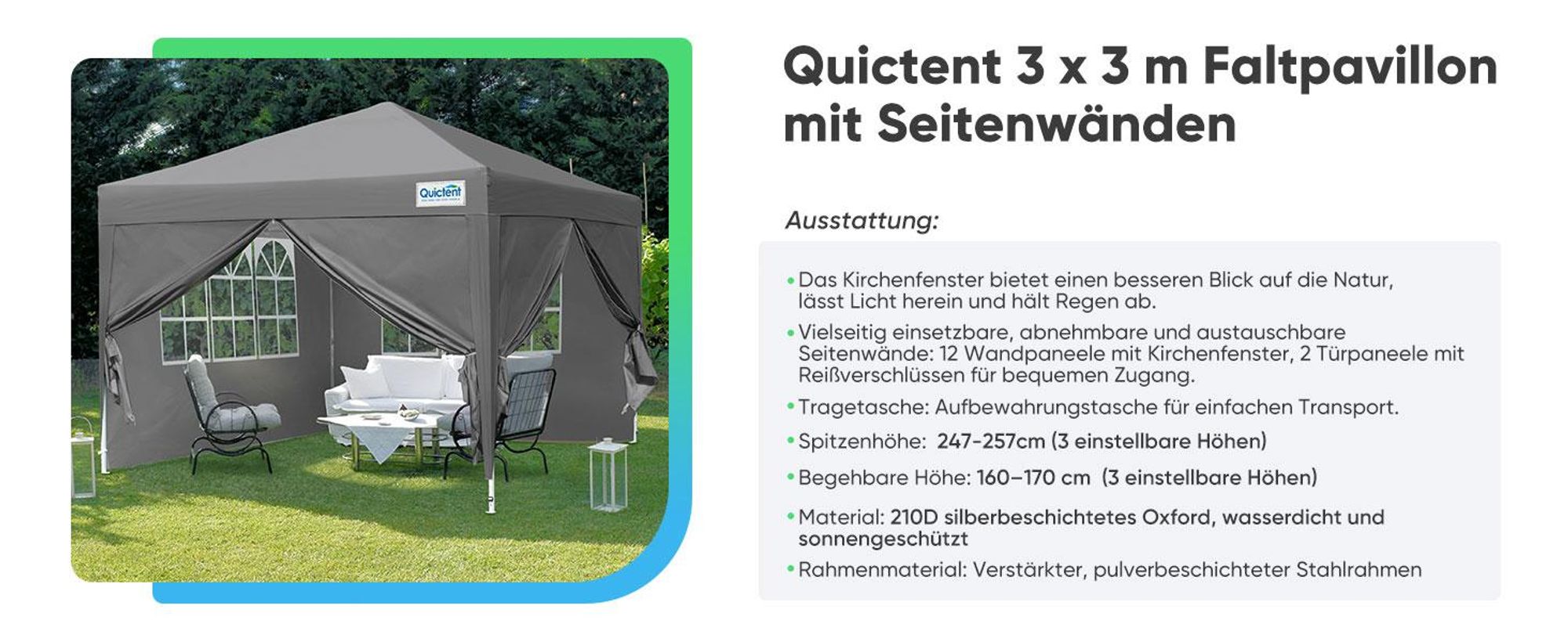 Quictent Pavillon 3x3 Faltpavillon mit 4 Seitenteilen, Wasserdicht Gartenpavillon mit Rolltasche, Partyzelt Gartenzelt, Grau
