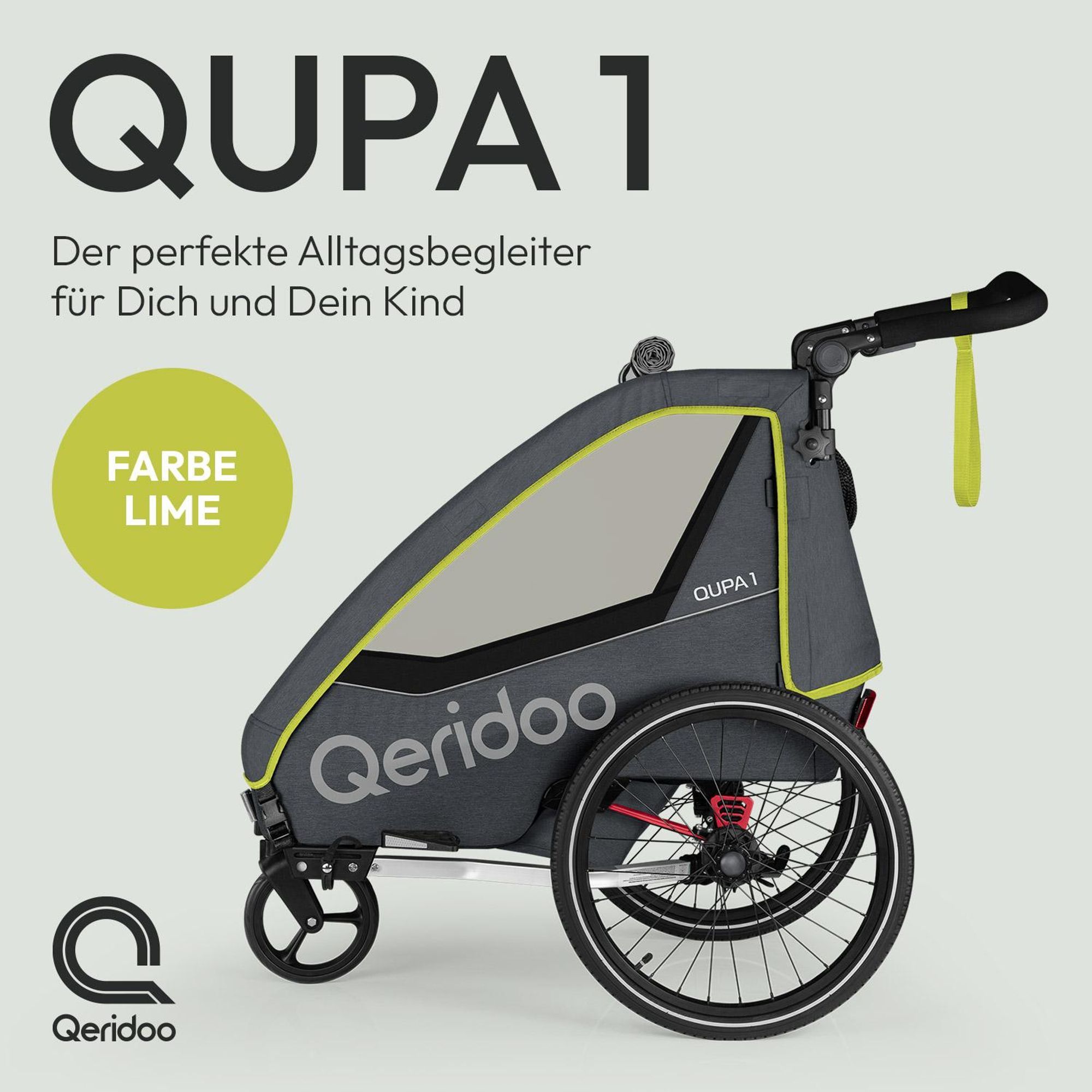 Qeridoo QUPA 1 - Kinderfahrradanhänger für 1 Kind, Farbe: Lime