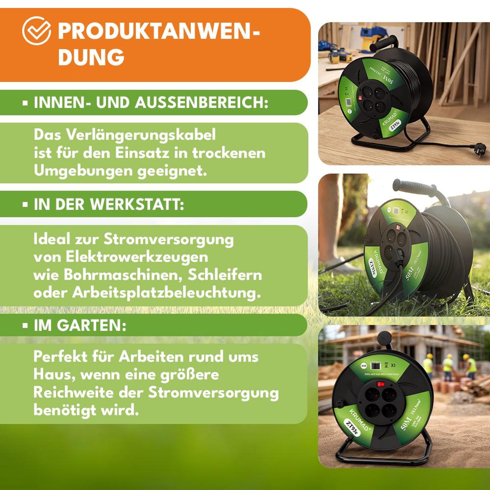 KRUMAD Kabeltrommel 50m mit 4 Schutzkontaktsteckdosen, 3500W max, robust & wetterfest für Außen, Werkstatt & Baustellen, 3x25mm², Schwarz
