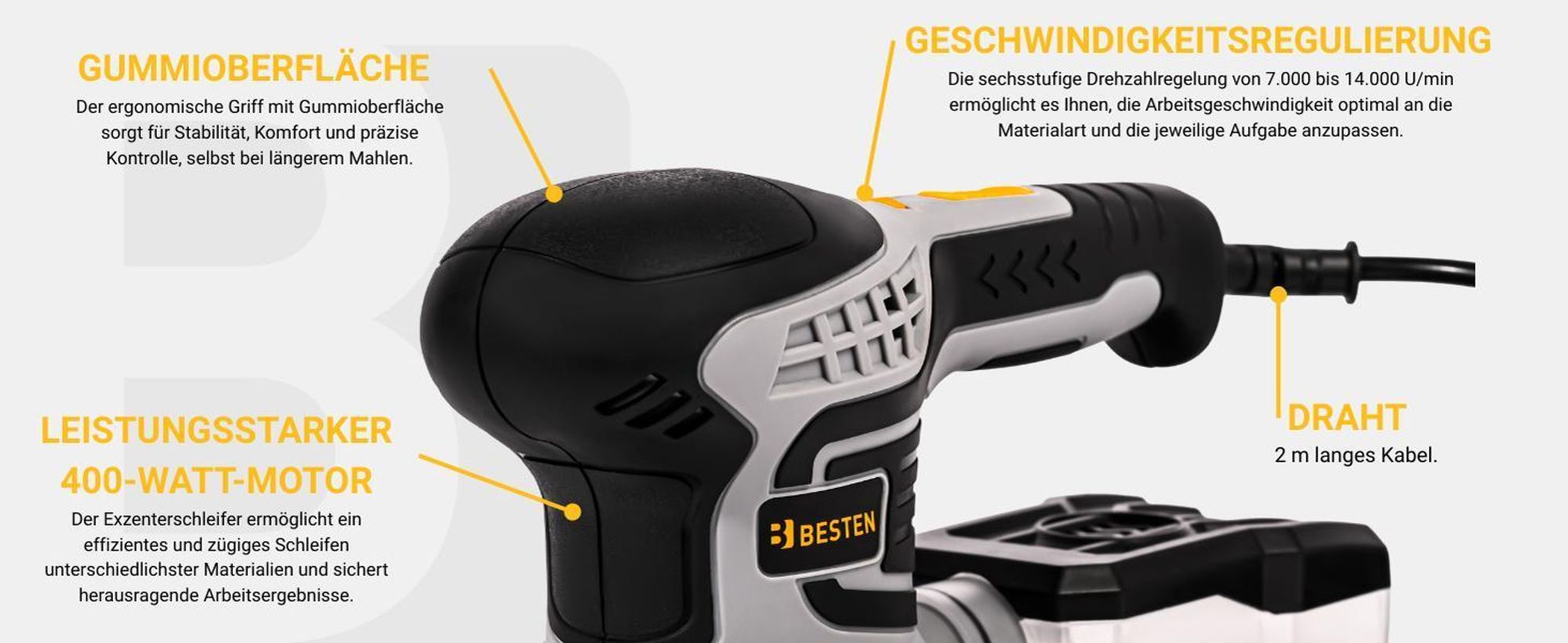 Excentrická bruska 400W, regulace otáček, odsávání prachu, 16× brusný papír