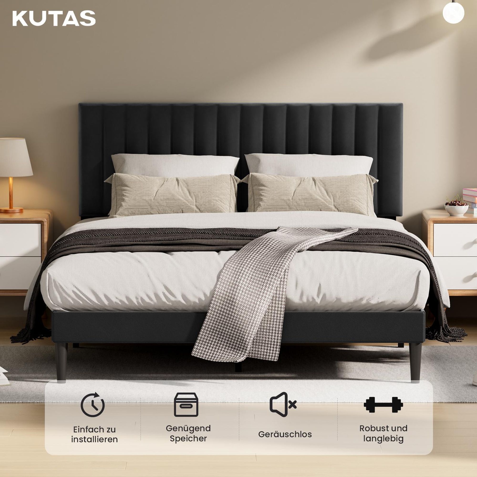 140x200 cm Polsterbett mit verstellbarem Kopfteil, Bett mit 12 Lattenrost, robustes Bettgestell für Schlafzimmer Jugendzimmer, bis 480 kg, Schwarz