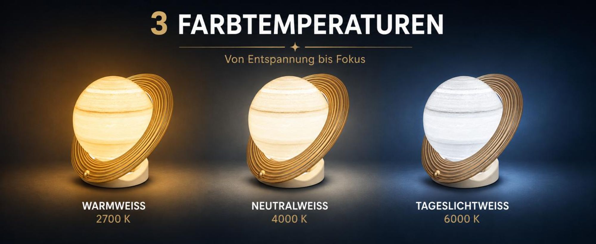 Tageslichtlampe 10000 Lux im Saturn-Design, UV-freie Vollspektrum-Lichttherapielampe, 3 Farbtemperaturen, stufenlos dimmbar, Timer, Fernbedienung,Gold