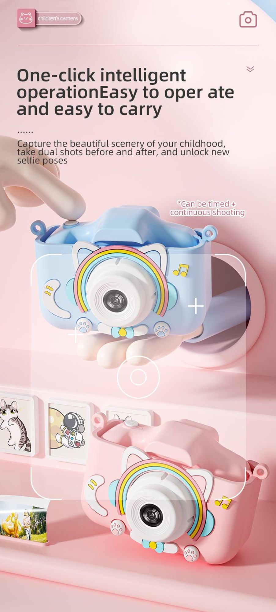 ZELURXX Kinderkamera, Cartoon-Katze Design, Dual-Kamera, IPS Augenschutz-Bildschirm, 1080P Video, Spiele Musik, Kreative Sticker, Gelb